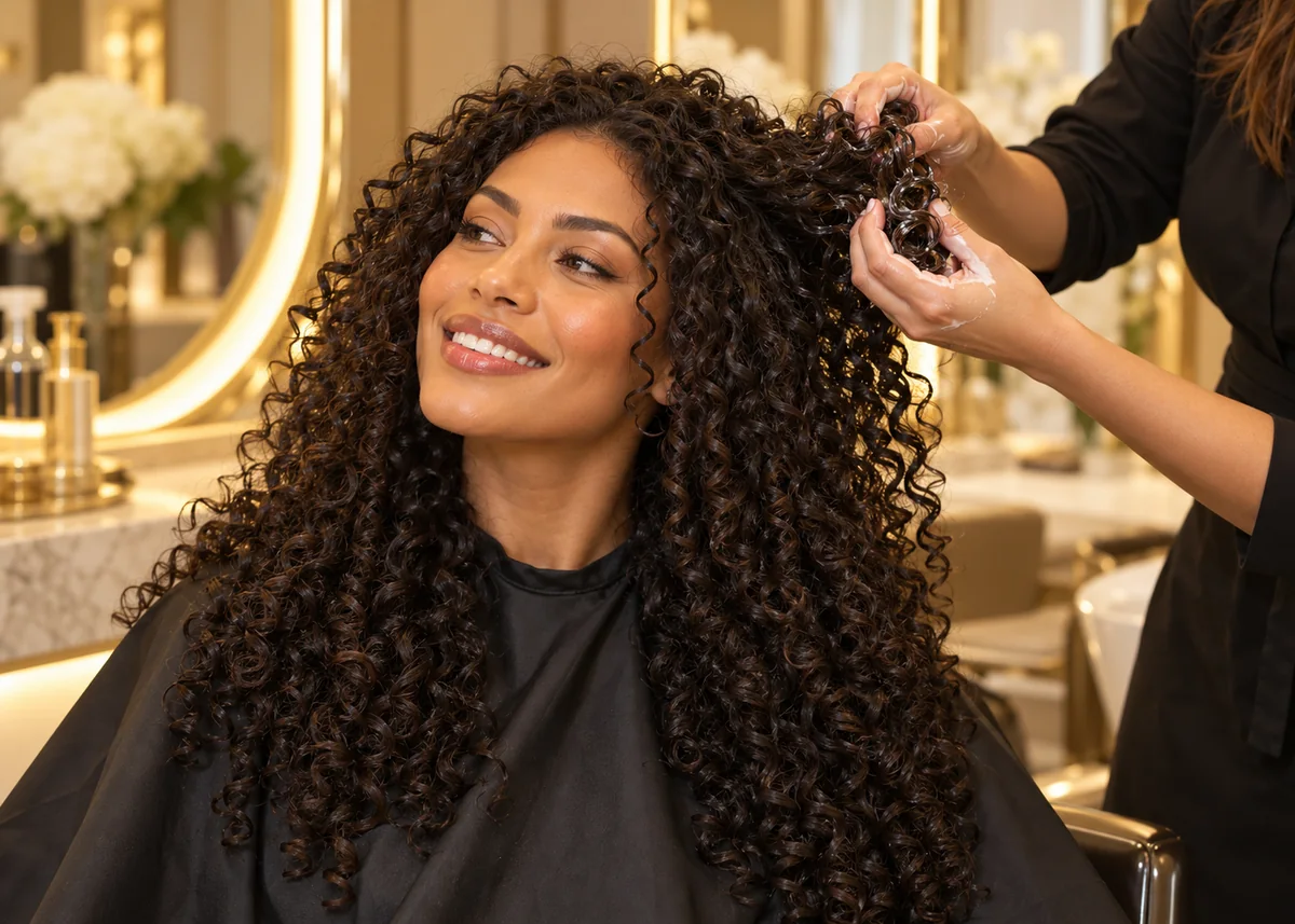 Clienta de cabello rizado mientras una estilista define sus rizos durante un tratamiento capilar